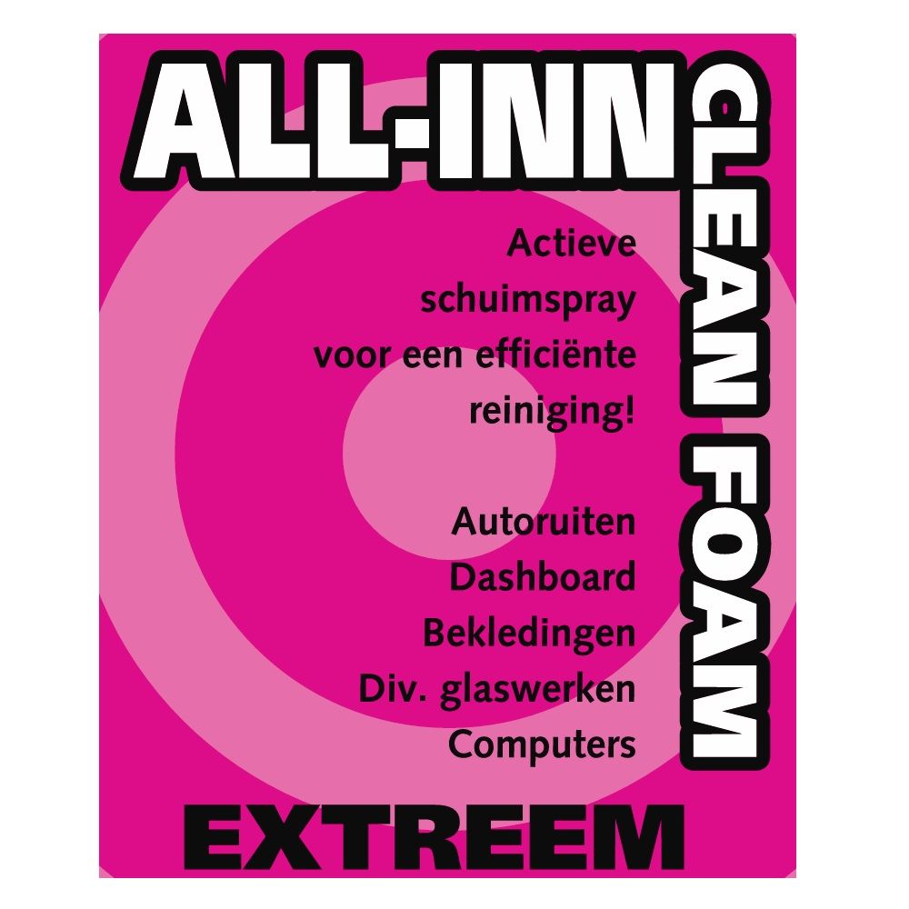 Actieve schuimspray All-Inn Clean Foam voor efficiënte reiniging van autoruiten, dashboard, bekleding, glaswerk en computers.