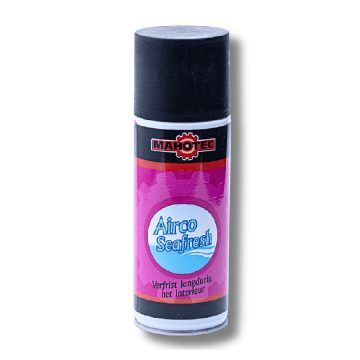 Spuitbus Mahotec Airco Seafresh met roze label en zwarte dop.