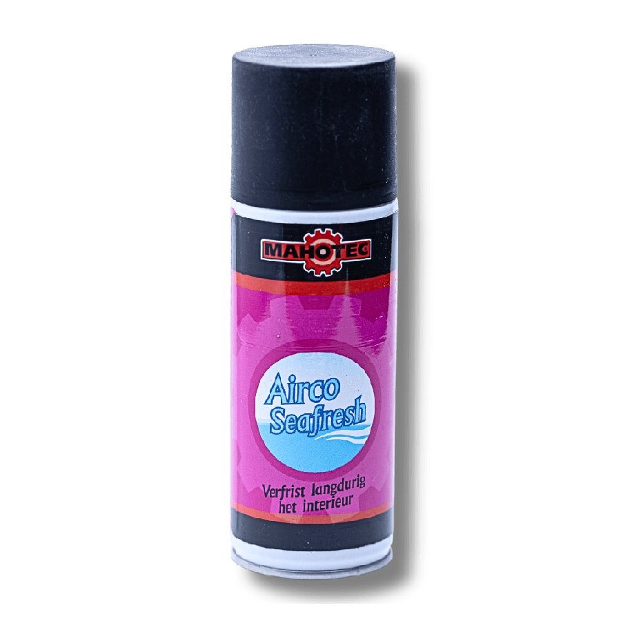 Spuitbus Mahotec Airco Seafresh met roze label en zwarte dop.