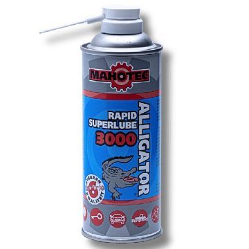 Spuitbus MAHOTEC Rapid Superlube 3000 Alligator met sproeidop en pictogrammen van sleutel, auto, boot en fiets.