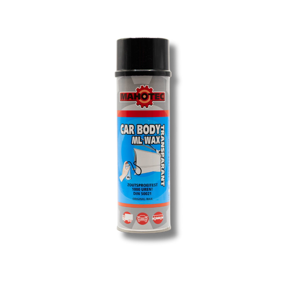 Spuitbuslabel van Car Body ML Wax Transparant met een illustratie van het aanbrengen van wax en pictogrammen van auto, vrachtwagen en bestelwagen.