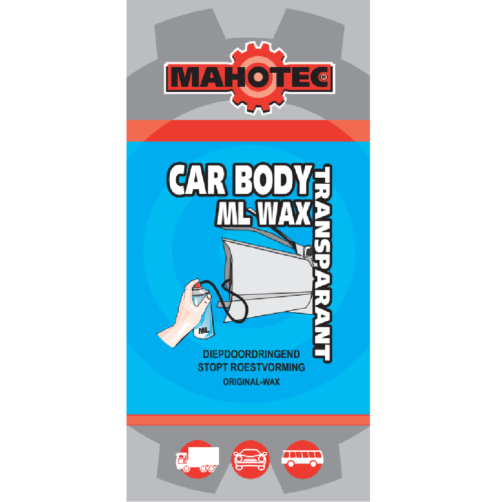 Etiket van Mahotec Car Body ML Wax Transparant met informatie over diepdoordringende bescherming tegen roestvorming in holle carrosseriedelen.