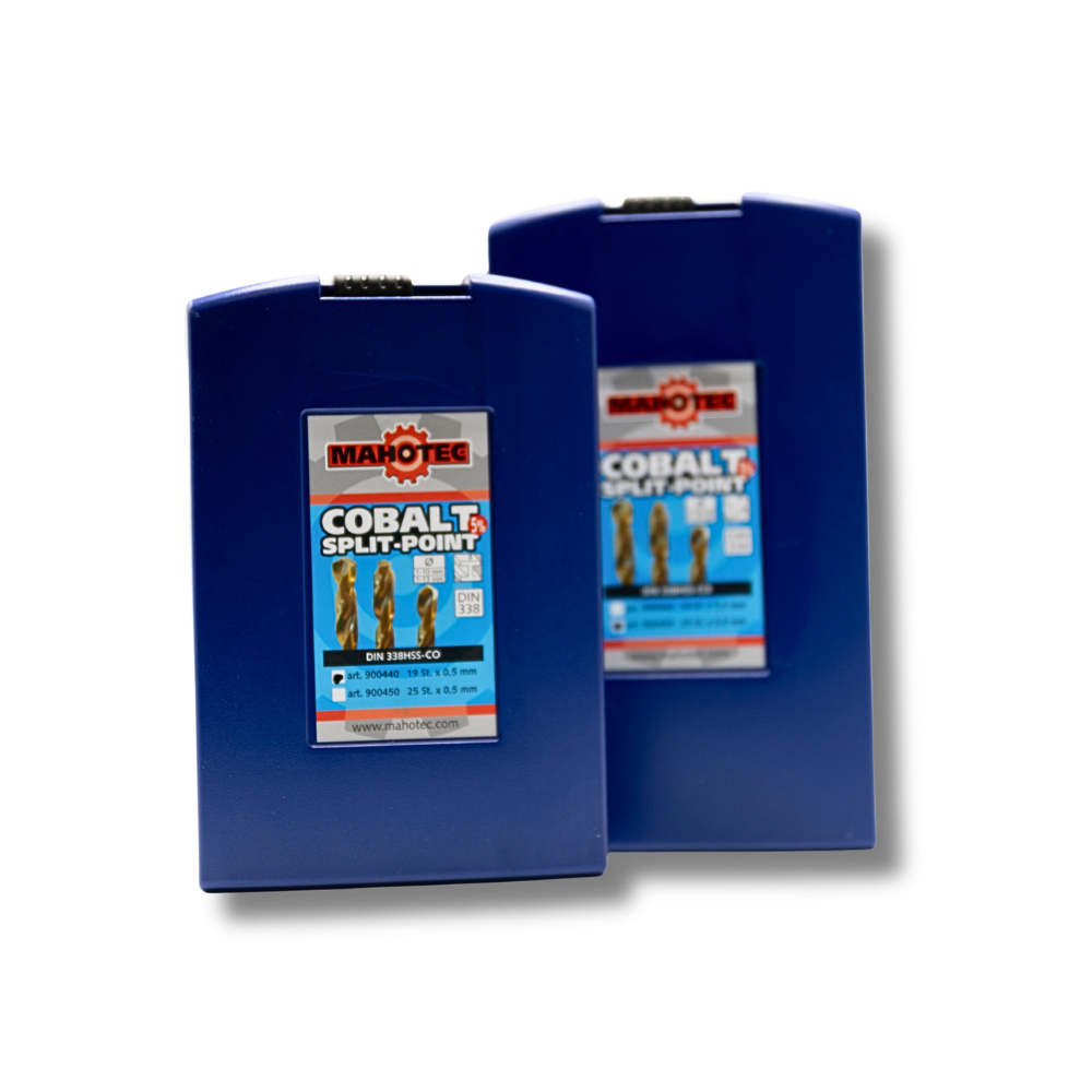 Twee blauwe kunststof opbergdozen voor cobalt boren-sets, geschikt voor het overzichtelijk opbergen van 25 cobalt metaalboren.