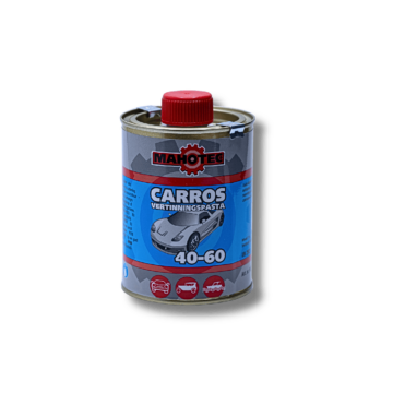 Blik Mahotec Carros Vertinningspasta 40-60 met blauwe dop en label met voertuig- en tandwielpictogrammen.
