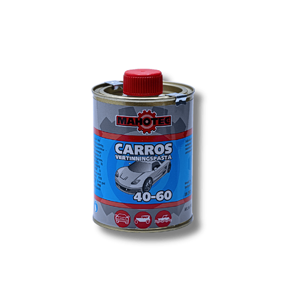 Blik Mahotec Carros Vertinningspasta 40-60 met blauwe dop en label met voertuig- en tandwielpictogrammen.