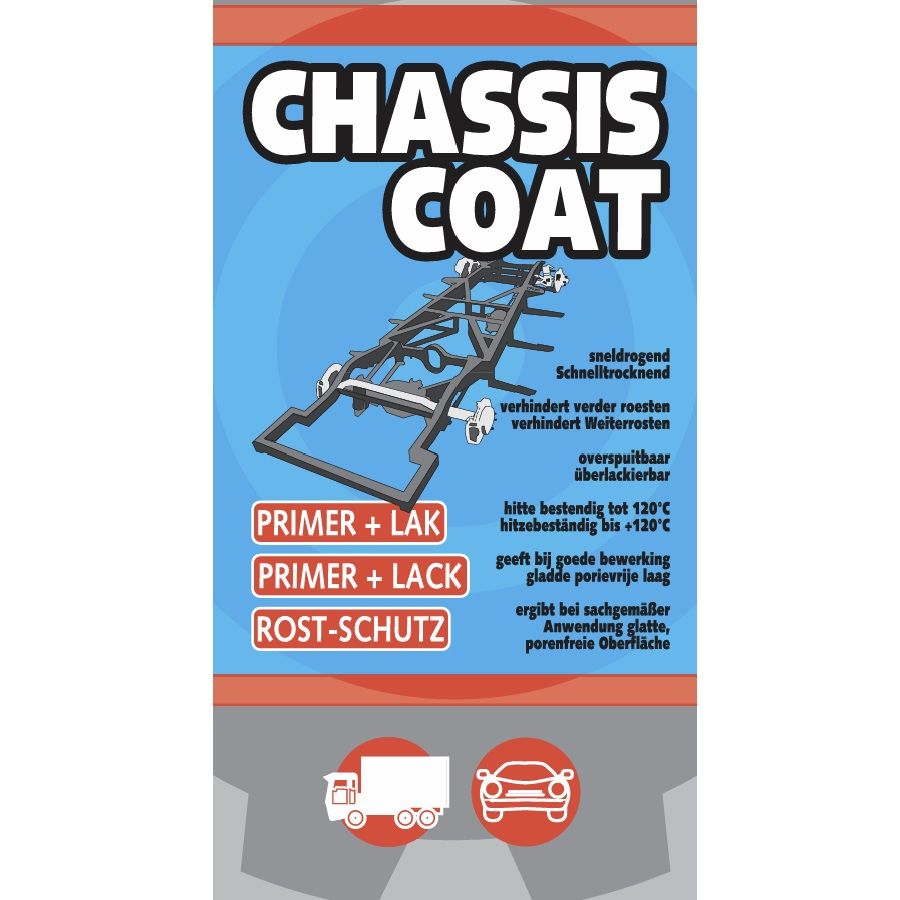 Label van Chassis Coat met illustratie van voertuigonderstel en kenmerken als sneldrogend, hittebestendig en overspuitbaar.