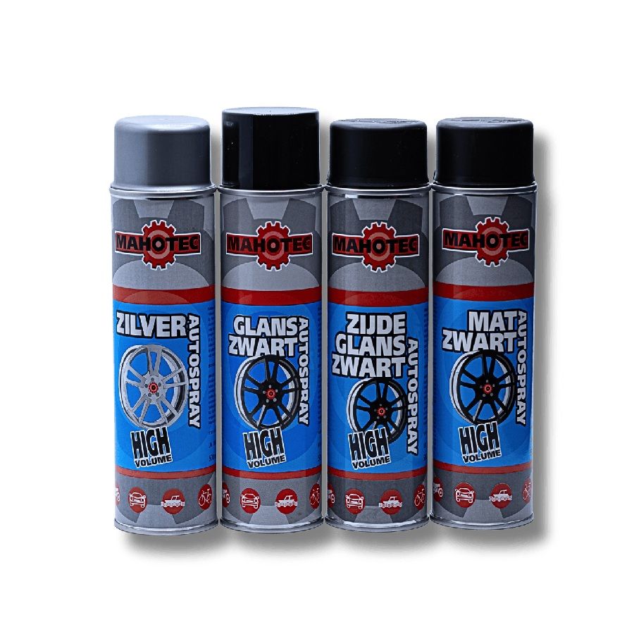Vier spuitbussen Mahotec Velgenspray in de kleuren zilver, glans zwart, zijdeglans zwart en mat zwart – professionele acrylaatlak voor autovelgen