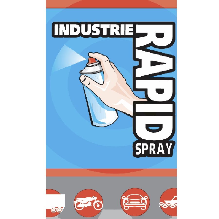 Label van Industrie Rapid Spray met afbeelding van hand die sprayt, op blauwe achtergrond, met pictogrammen van motor, auto en boot.