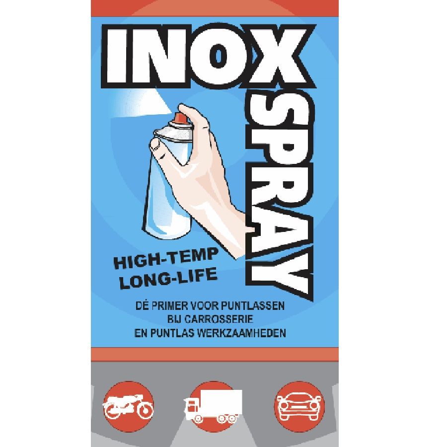 Label van Mahotec Inox Spray met hand die spuit, tekst “HIGH-TEMP LONG-LIFE” en pictogrammen van motor, vrachtwagen en auto.