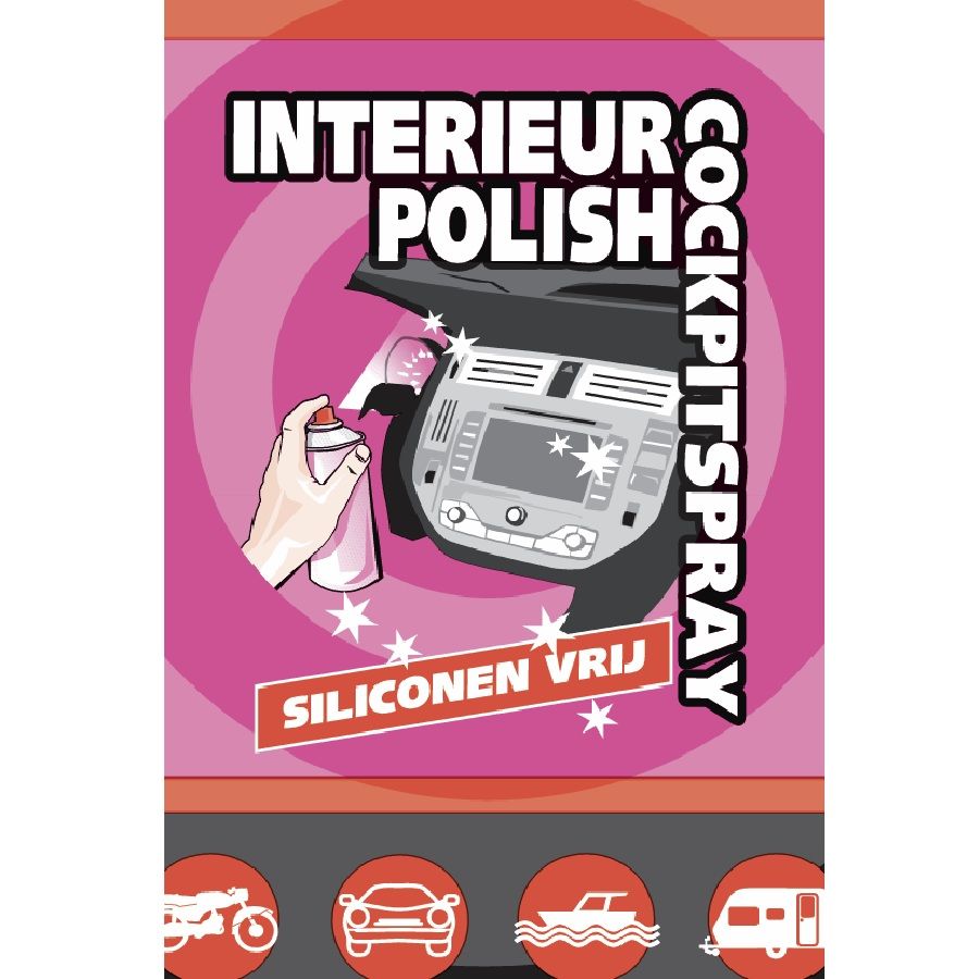 Label van Interieur Polish Cockpitspray met een hand die sprayt op een glanzend dashboard, en pictogrammen van auto, motor, boot en caravan.