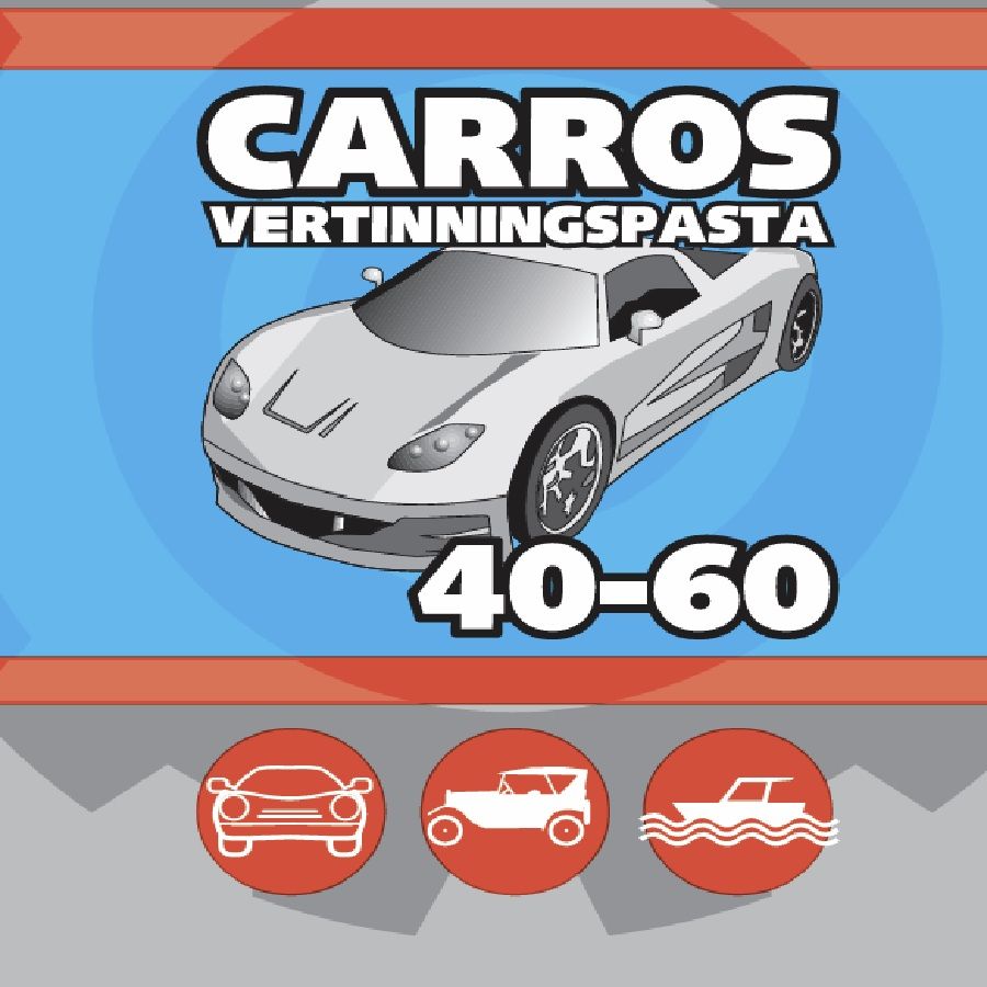Reclameafbeelding met zilveren sportwagen en tekst “Carros Vertinningspasta 40-60”, met pictogrammen van auto, jeep en boot.