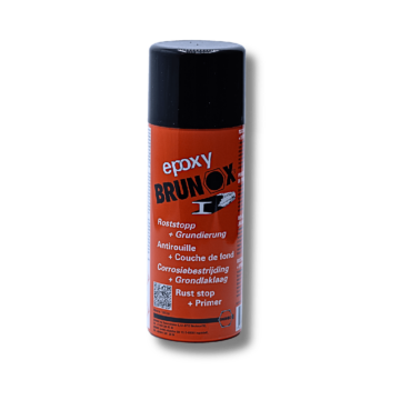 Cilindrische spuitbus met zwarte dop en feloranje label waarop “epoxy BRUNOX” staat, bedoeld als roeststop en primer voor metaal.