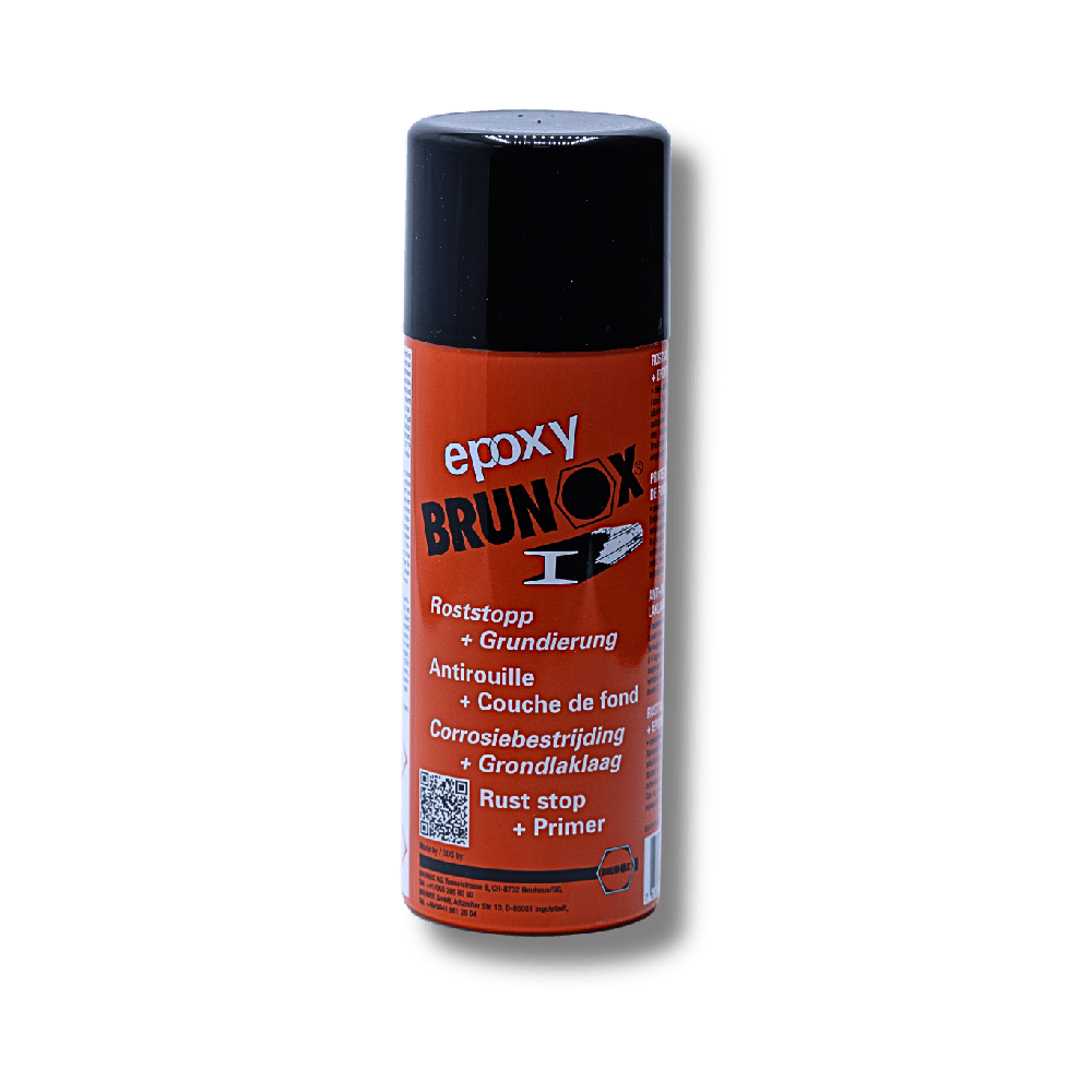 Cilindrische spuitbus met zwarte dop en feloranje label waarop “epoxy BRUNOX” staat, bedoeld als roeststop en primer voor metaal.