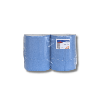 Twee grote blauwe reinigingsrollen in plastic verpakking met label “MAHOTEC 108650 Industrial cleaning paper”.