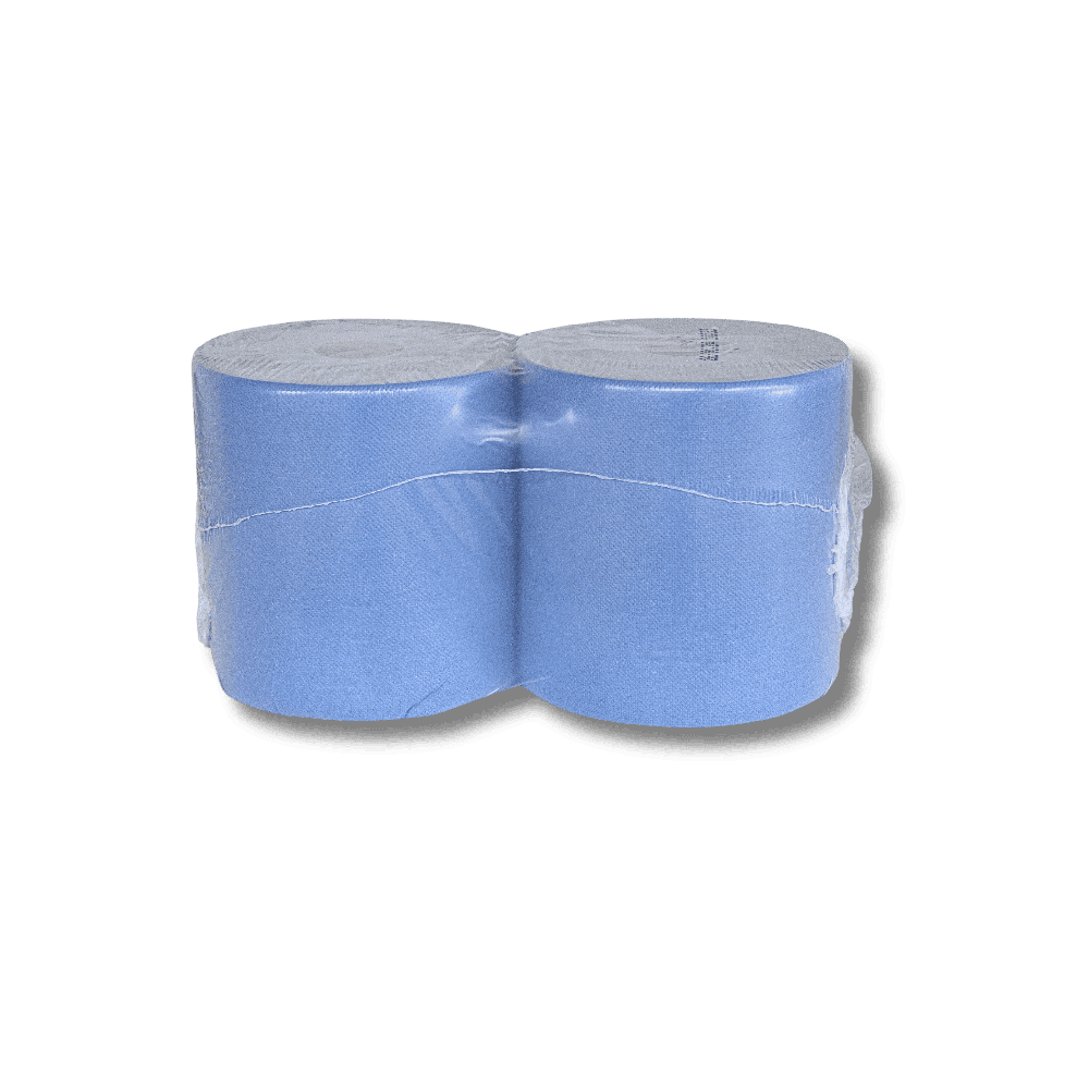 Twee grote blauwe reinigingsrollen in plastic verpakking met label “MAHOTEC 108650 Industrial cleaning paper”.