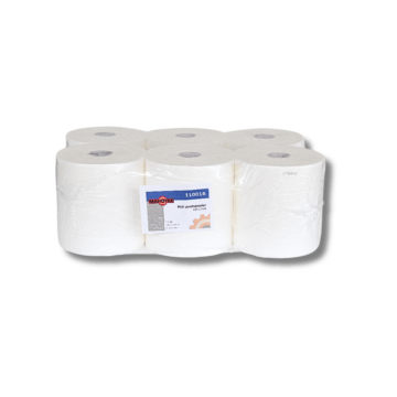 Verpakking met zes witte MAHOTEC poetsrollen, label vermeldt “2-laags” en “12 x 6 RL x 1”.