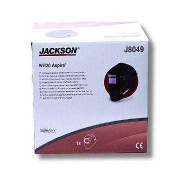 Productdoos van Jackson WH20 Aspire lashelm met afbeelding van helm, rode accenten en modelnummer J8049.