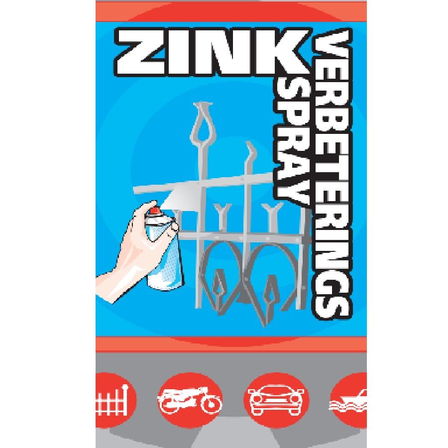Label met hand die spray aanbrengt op metalen hek, plus pictogrammen van hek, motor, auto en boot.