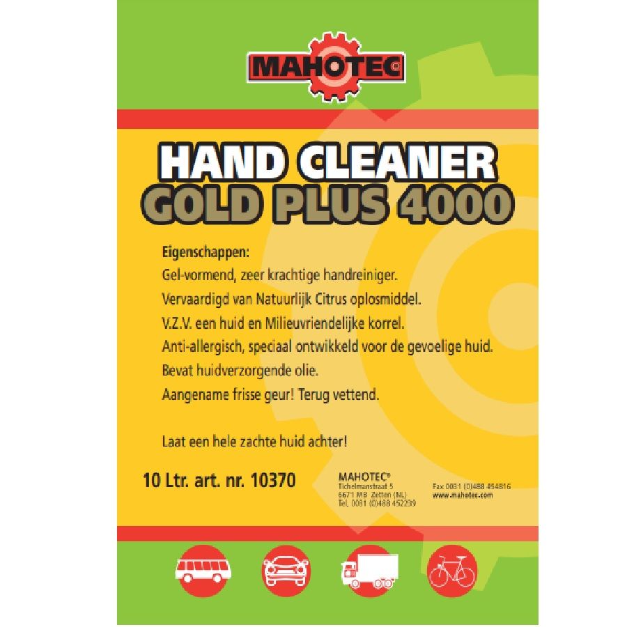 Label van Mahotec Hand Cleaner Gold Plus 4000 met productinformatie, citrusvermelding en contactgegevens.