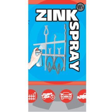 Label van ZINK SPRAY 99% met hand die metalen hek bespuit, blauwe achtergrond en pictogrammen van voertuigtoepassingen.