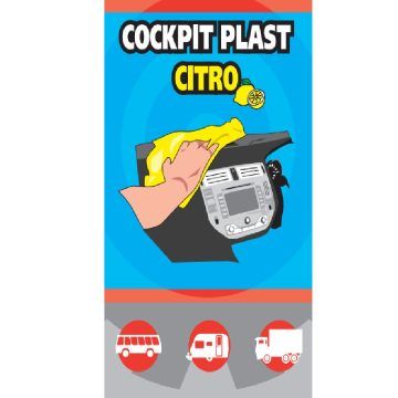 Label van Cockpit Plast Citro met hand die dashboard reinigt