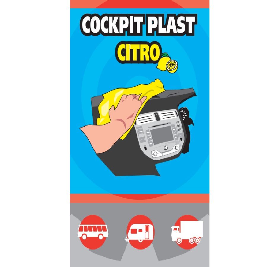 Label van Cockpit Plast Citro met hand die dashboard reinigt