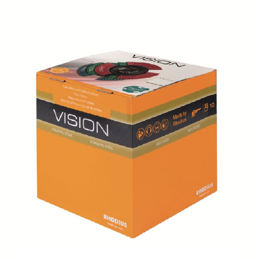 Verpakking van RHODIUS VISION snijschijven met oranje en witte branding, productinformatie en afbeeldingen van de schijven.