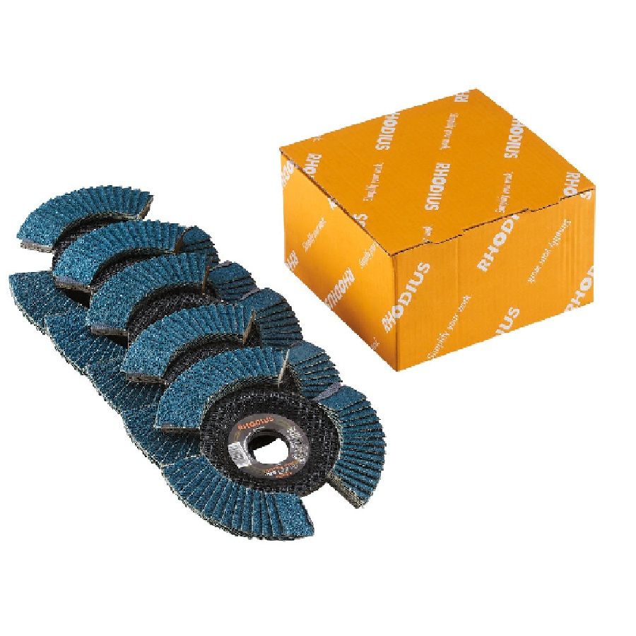 Set blauwe RHODIUS lamellenschijven met zwarte kern, uitgestald in waaierpatroon naast oranje merkverpakking