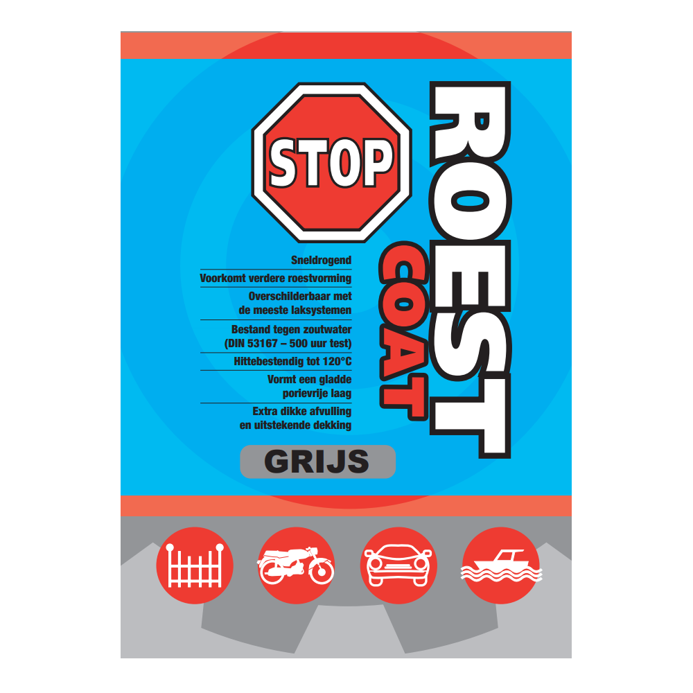 Etiket van de Mahotec Roeststop Coat Extreem 400ml Grijs – roestprimer voor staal