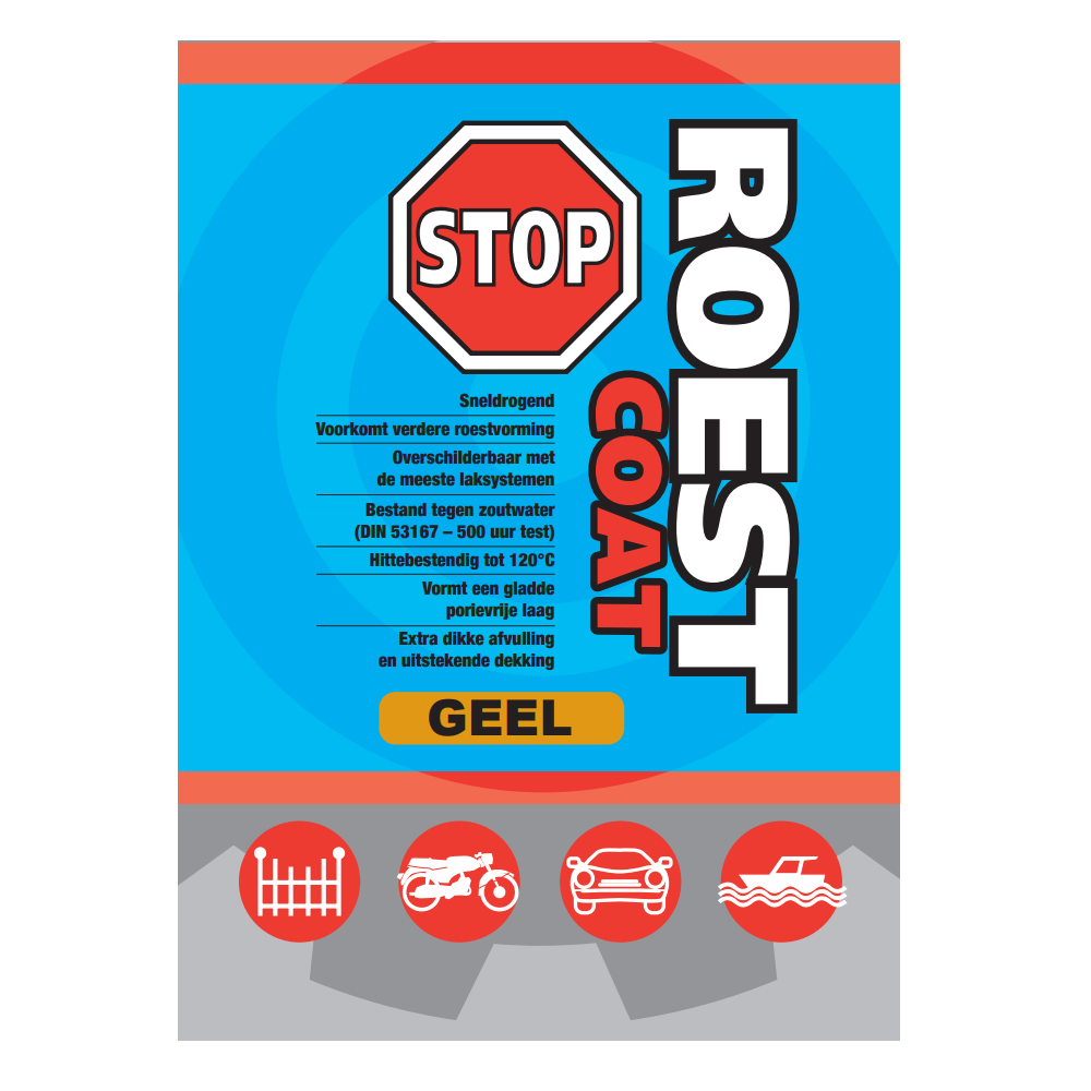 Etiket van Mahotec Roeststop Coat Extreem 400ml Geel – roestprimer voor staal