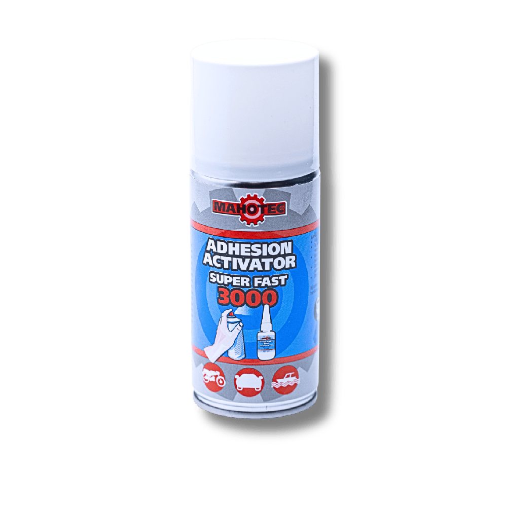 Mahotec Super Fast 3000 Activator in 150 ml spuitbus met blauwe label en spray‑nozzle.