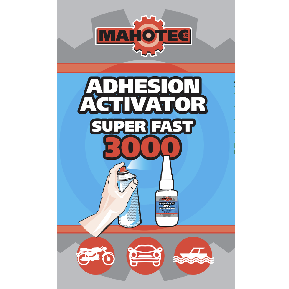 Label van Mahotec Super Fast 3000 Adhesion Activator met blauwe achtergrond, rood tandwiel‑logo en toepassingsiconen.