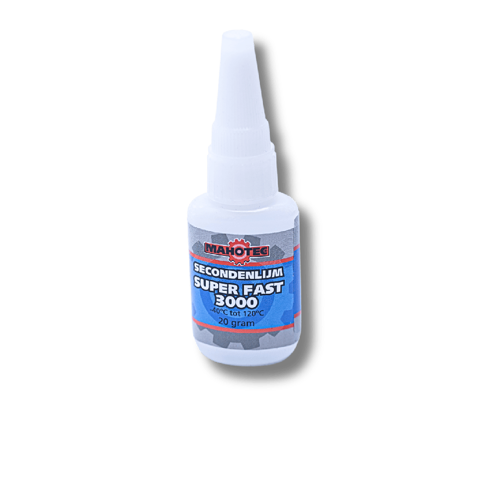 Mahotec Super Fast 3000 secondelijm in 20 ml flesje met transparante lijm en puntdop.