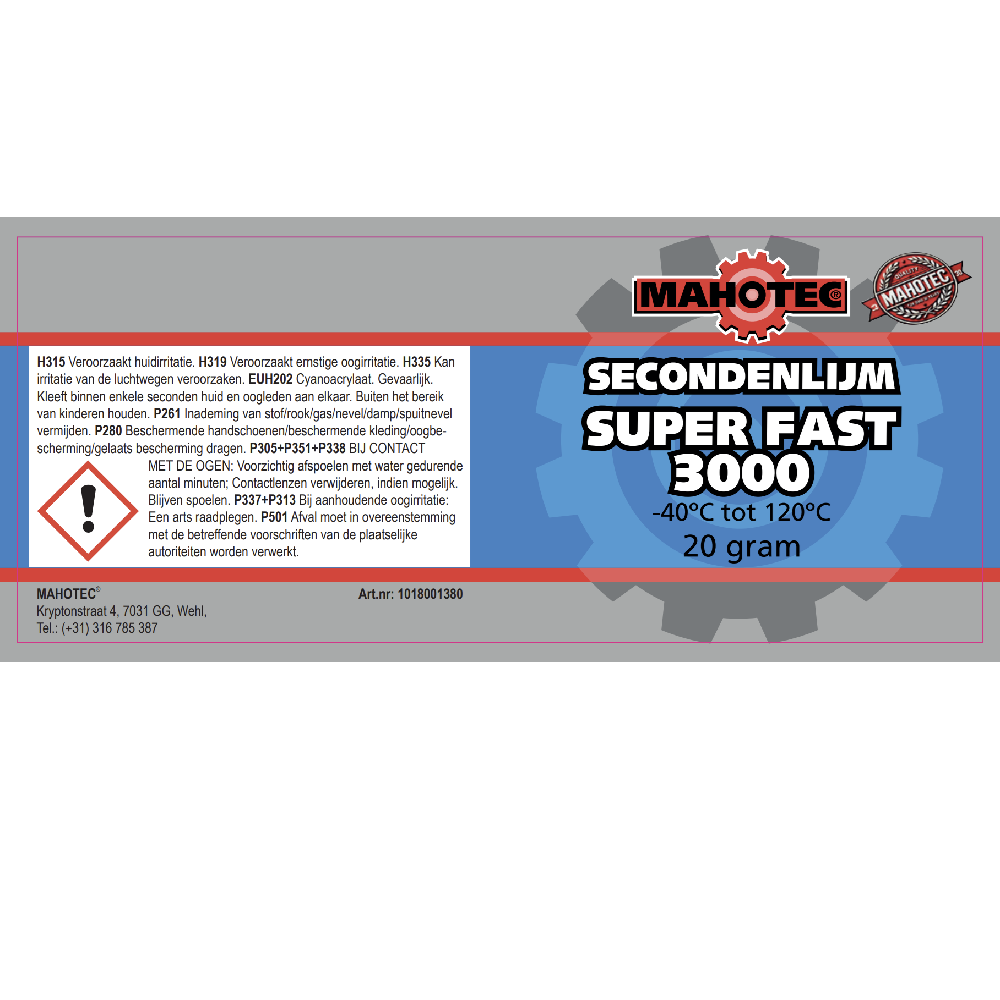 Label van Mahotec Super Fast 3000 secondelijm 20 gram met veiligheidsinformatie en temperatuurbereik.