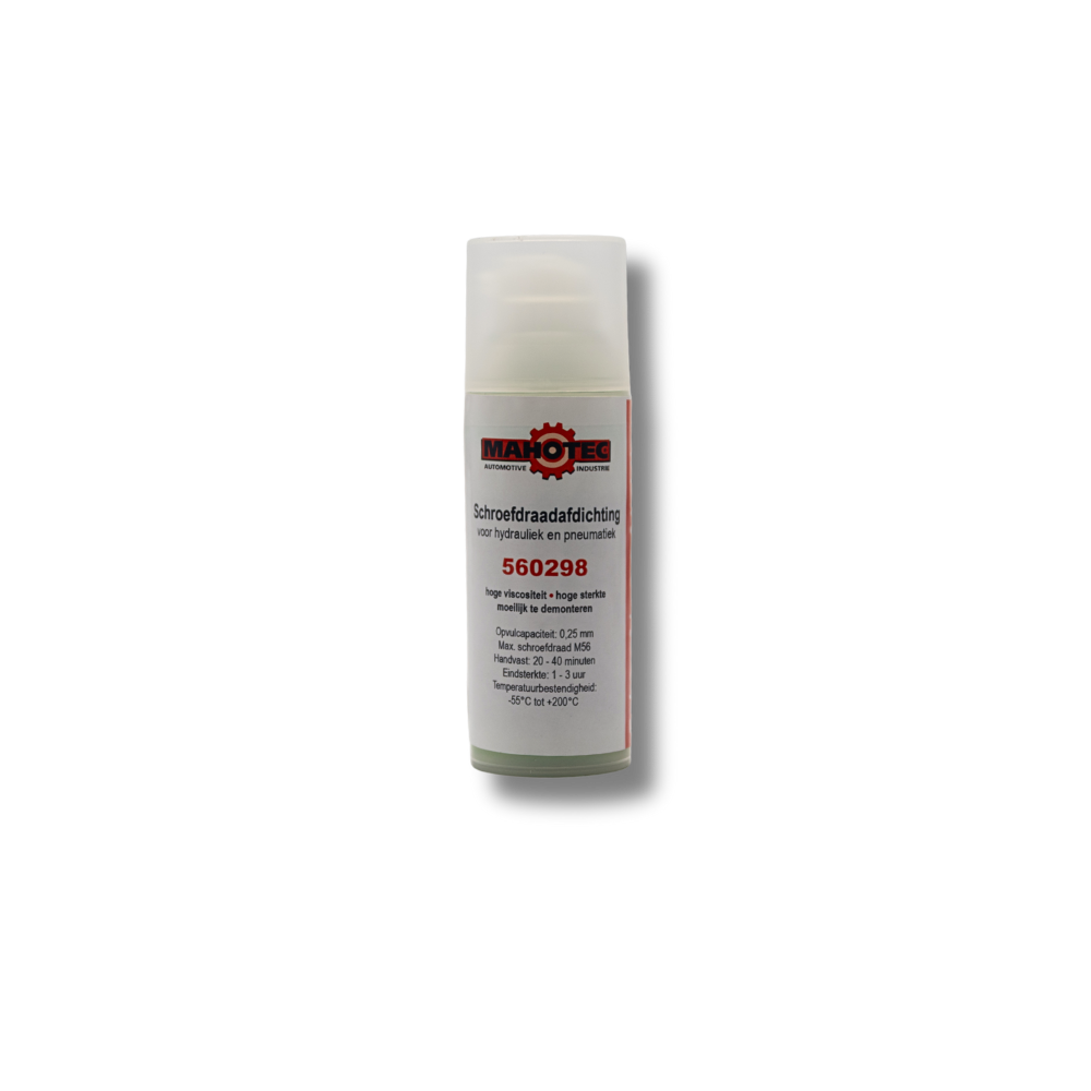 Mahotec schroefdraadafdichting in 50 ml flesje met groene inhoud en technisch label.