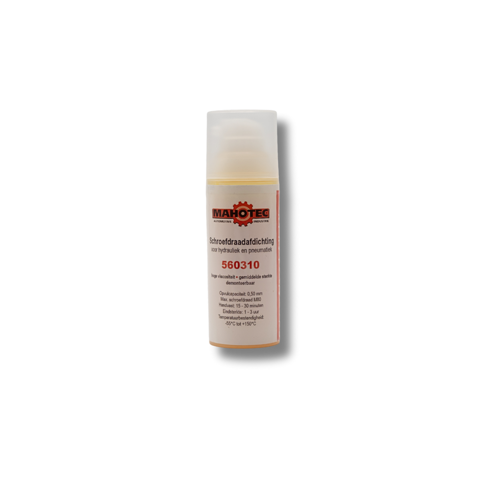 Mahotec schroefdraadafdichting in 50 ml flesje met gele inhoud en technisch label.